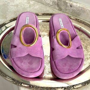 Makris Sandals,Brand New,Sze 37, Pinkish -Lavender Suede with Gold Oval Detail.